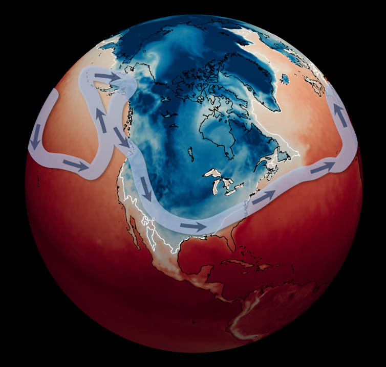 A globe showing most of the US covered in below-normal temperatures