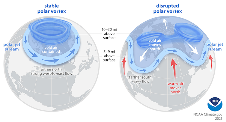 Two globes, one showing a stable polar vortex and the other a disrupted version that brings brutal cold to the South.